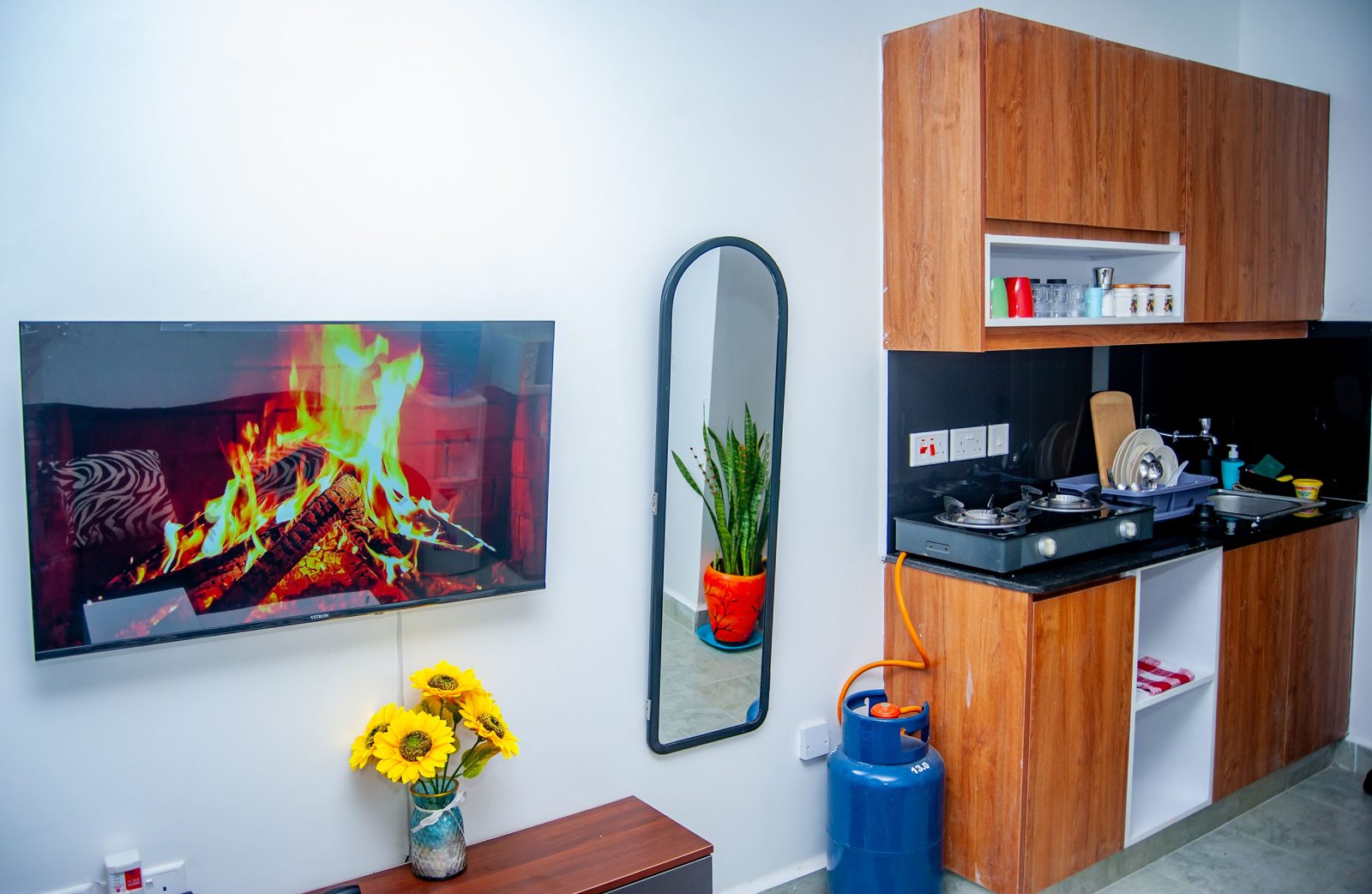 Lounge and kitchenette at The Baobab House, Nairobi